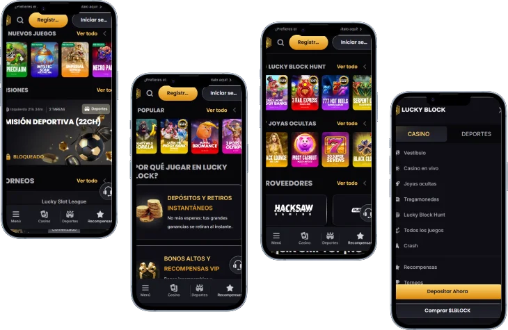 Lucky Block Casino aplicación móvil Lucky Block Casino aplicación móvil con pantallas del casino y apuestas deportivas